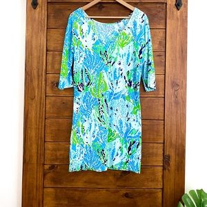 Lilly Pulitzer Eliza dress spa blue let’s cha cha sz M EUC 3/4 sleeves